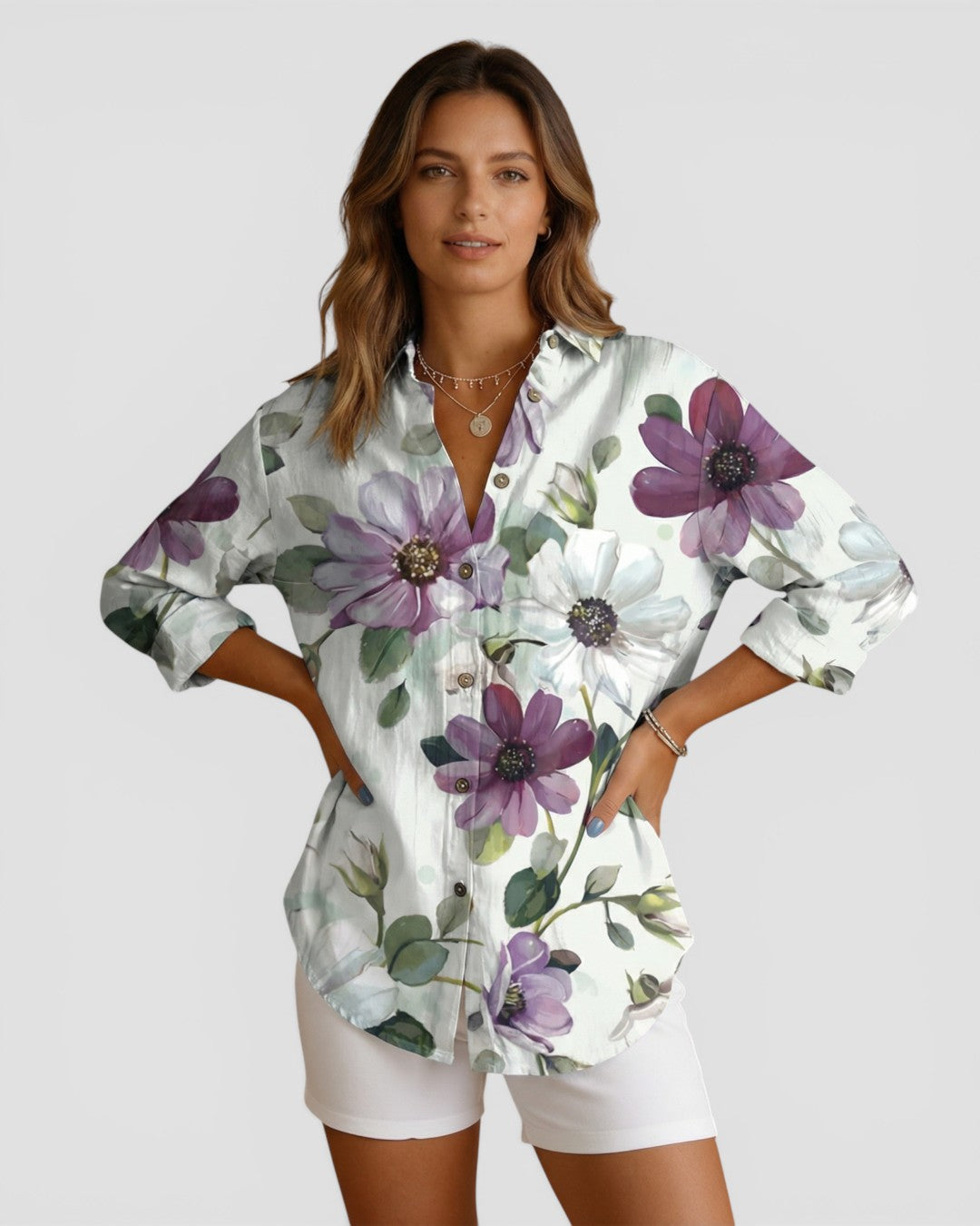 Jensen og Madsen | Dame Blomstret Skjorte Let og Komfortabel Løs Pasform