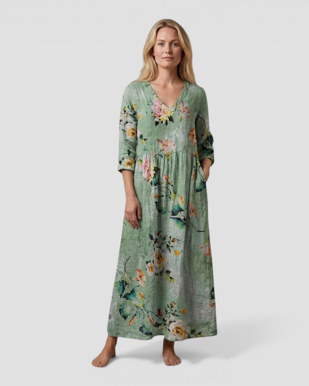 Jensen og Madsen | Dame V-Hals Sommerkjole Blomstret Let og Komfortabel