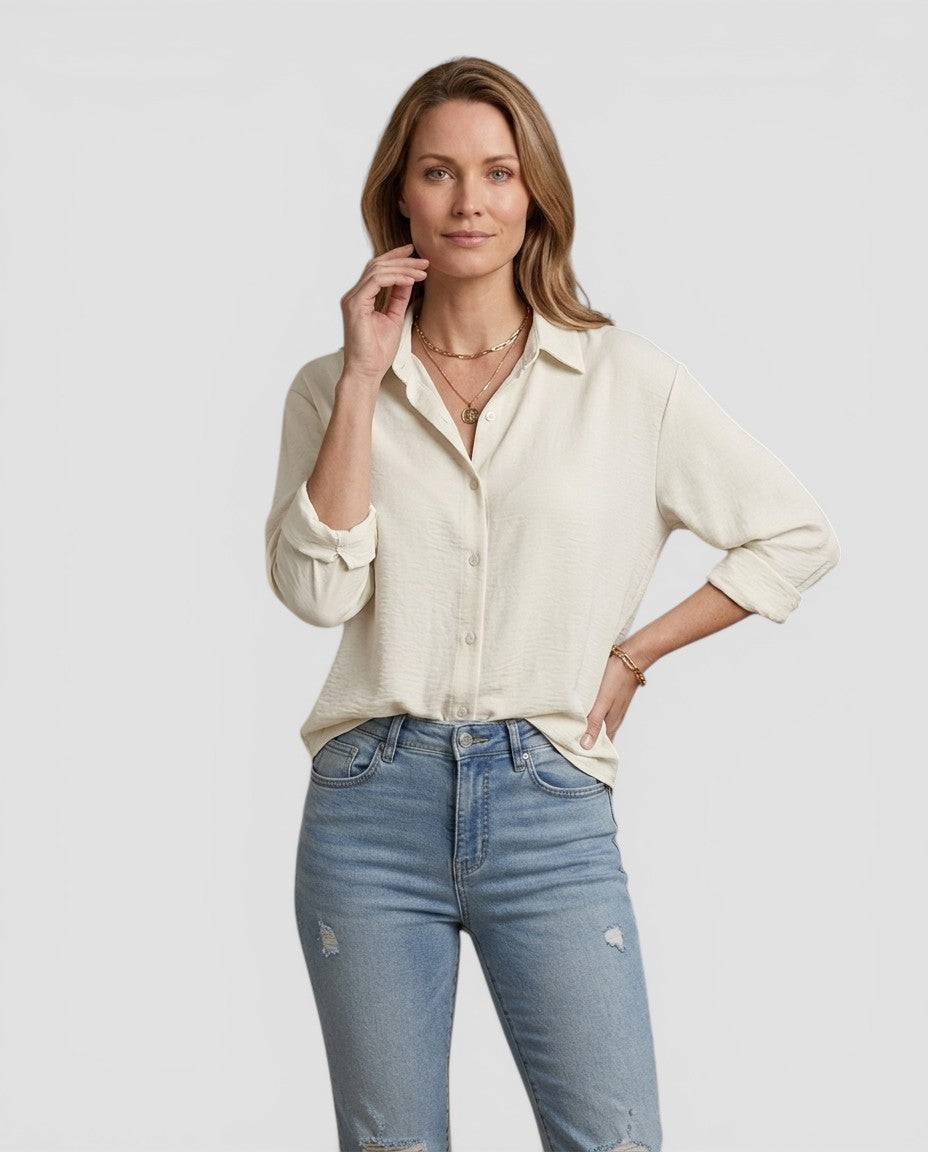 Jensen og Madsen | Dame Langærmet Bluse med Knapper Let og Komfortabel