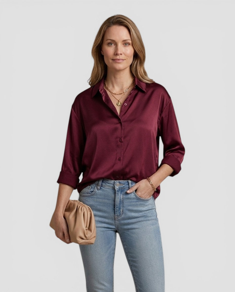 Jensen og Madsen | Dame Langærmet Bluse med Knapper Let og Komfortabel