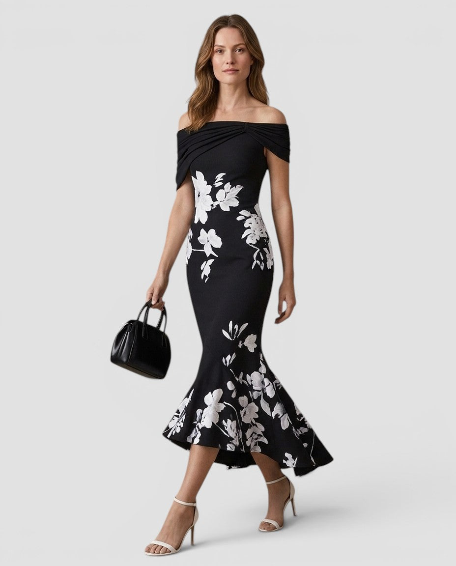 Jensen og Madsen | Dame Midi Kjole med Blomsterdetaljer Fest