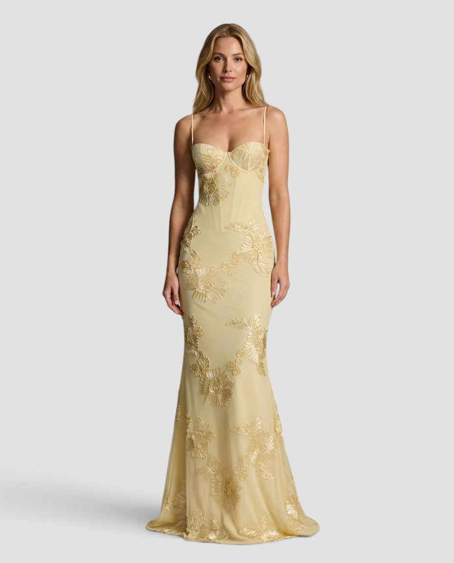 Jensen og Madsen | Gallakjole Dame Gul med Blomsterbroderier Maxi